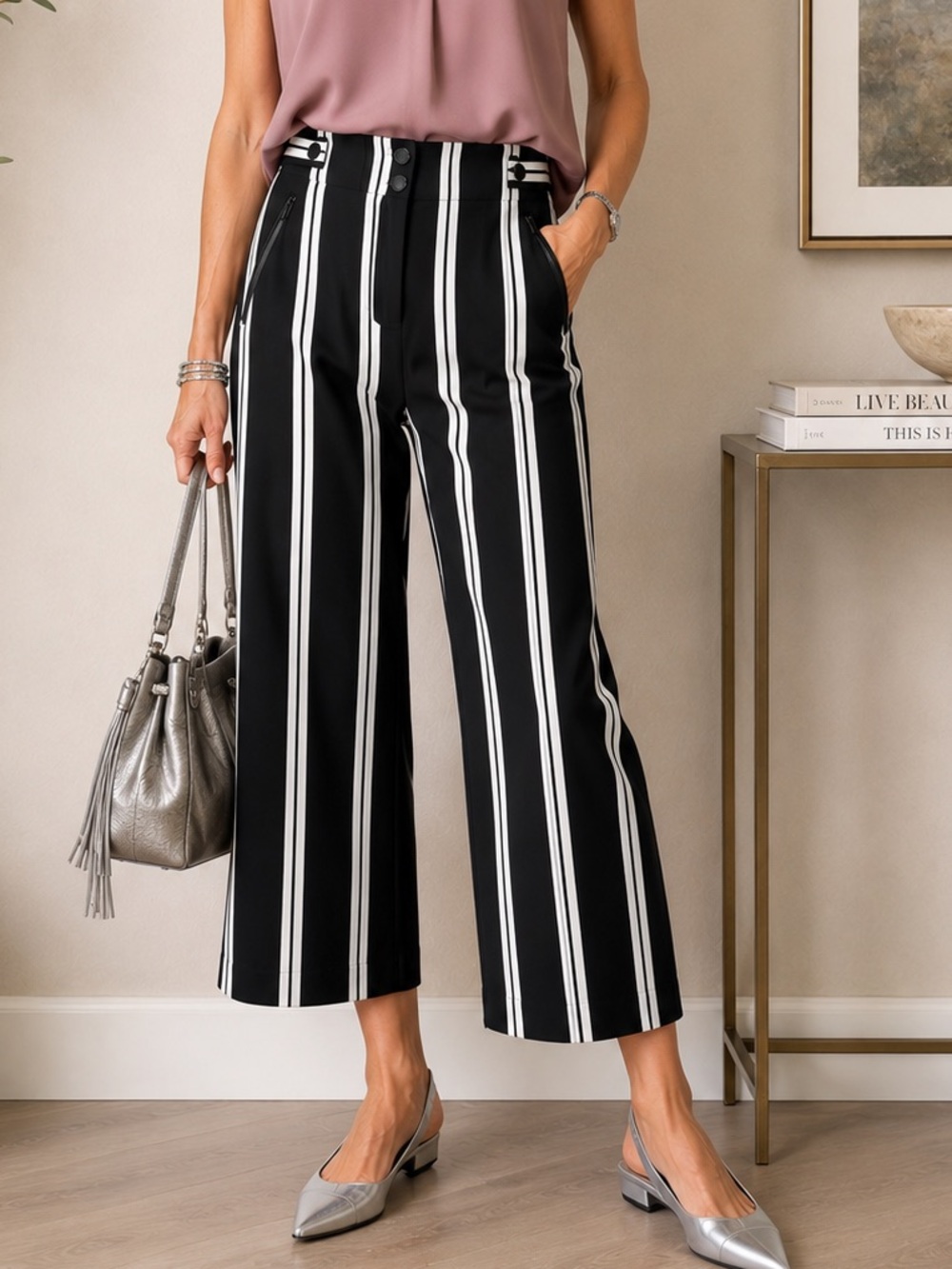 NWT Karl Lagerfeld Black White Vertical Stripe Cropped Wide-Leg Pants Sz 8 $99